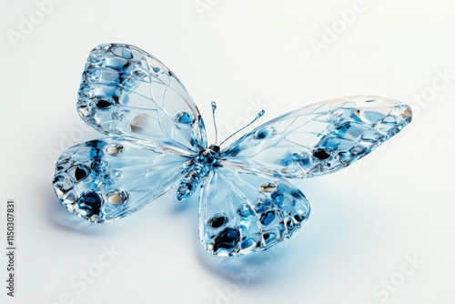 Luxurious blue crystal butterfly in art nouveau style. Hyper-realistic isometric view with warm lighting, dreamy color scheme, isolated on white background.