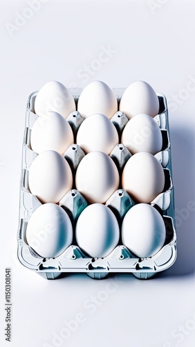 Egg production and storage in organizers on white background. Concept of providing services to a person in nutrition. Top view with space for text photo