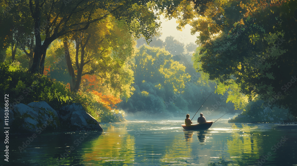 Fishing by a tranquil stream, a small boat drifts; dreams of sails and vast seas evoke boundless leisure and serenity. Fishing by a tranquil stream, a small boat drifts; dreams of sails and vast seas evoke boundless leisure and serenity.