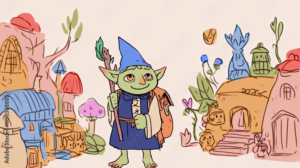Obraz premium Smiling Green Gnome Traveler with Staff Explores Whimsical Cartoon Village Illustration