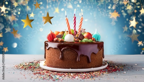 Wallpaper Mural Generated image Christmas cake birthday decoration with colorful sweet and candle, topped with chocolate Torontodigital.ca