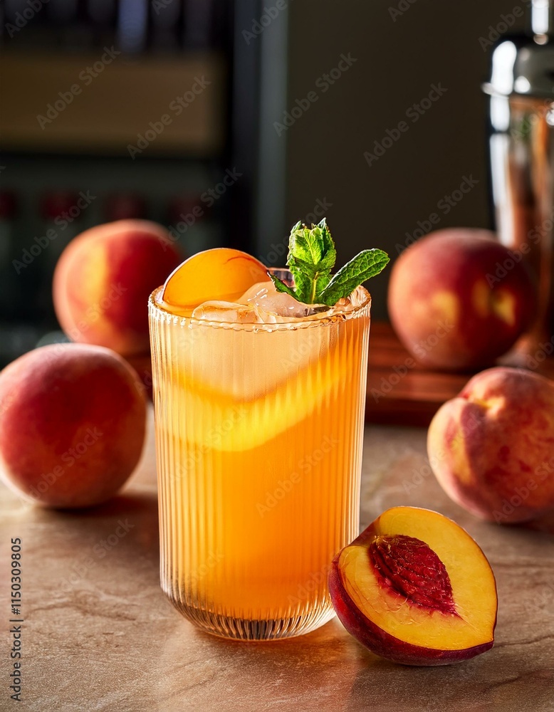 peach lemonade mocktail in clear glass in kitchen with mint and peach slices as garnish peach lemonade mocktail in clear glass in kitchen with mint and peach slices as garnish