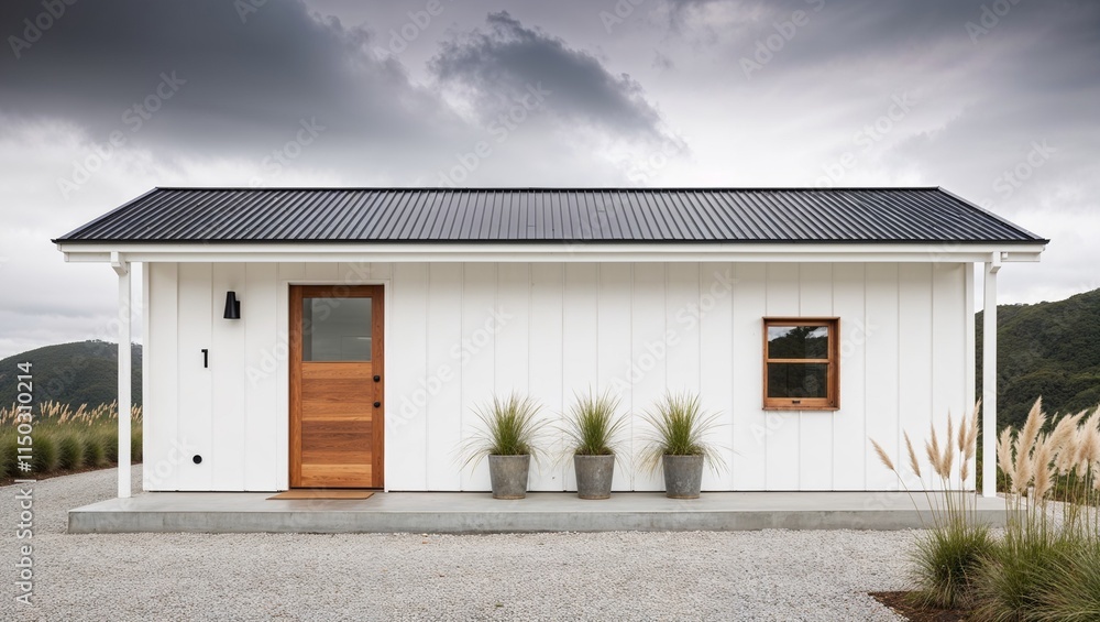 minimalist, single-story building with a modern architectural style. The structure features a white exterior with a corrugated metal roof. minimalist, single-story building with a modern architectural style. The structure features a white exterior with a corrugated metal roof.