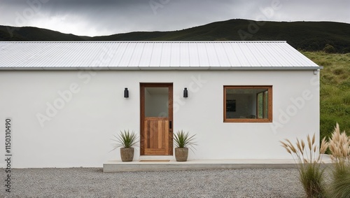 minimalist, single-story building with a modern architectural style. The structure features a white exterior with a corrugated metal roof. 