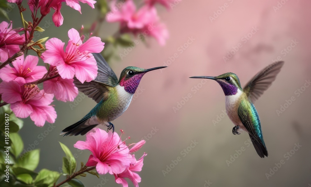 Naklejka premium Colorful hummingbird perched on a pink flower, colorful, nature, bird of paradise