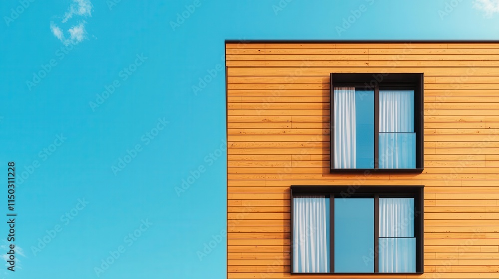 Obraz premium Hostel with Scandinavianstyle wood facade, minimalist landscaping, and clean design