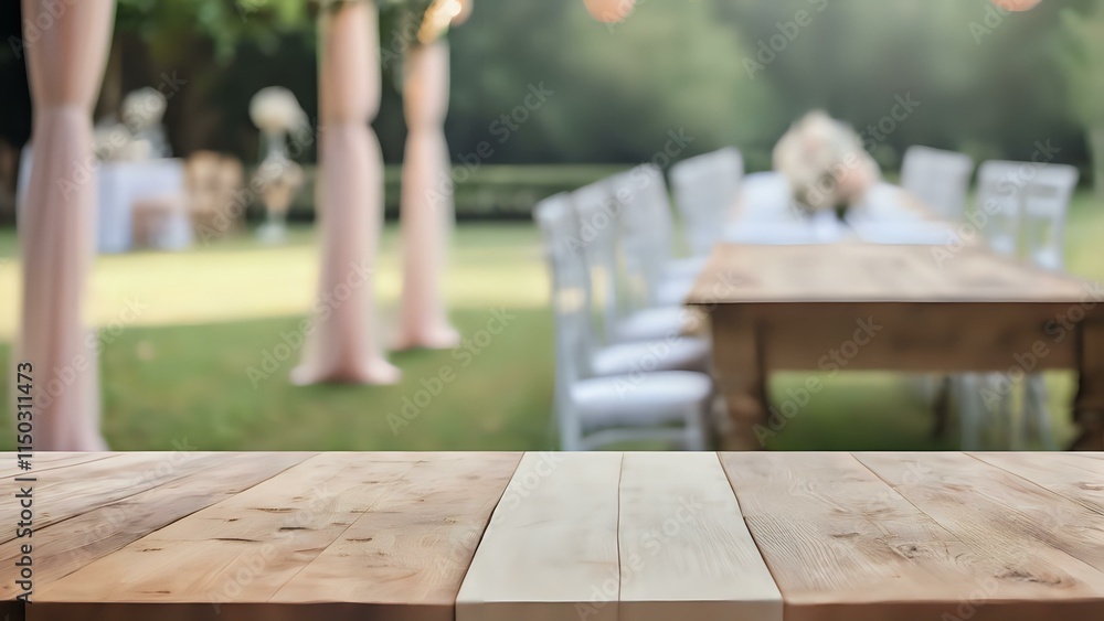 Empty wooden table with a softly blurred outdoor decorative background highlighting the rustic charm Empty wooden table with a softly blurred outdoor decorative background highlighting the rustic charm