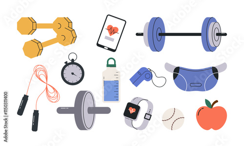 Set of Hand Drawn Fitness Equipment Flat Design Illustration. Collection of Different Gym Exercise Tools