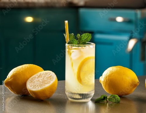 Lemonade with lemon slices and mint garnish in clear glass on kitchen counter surrounded by cut and whole lemons photo