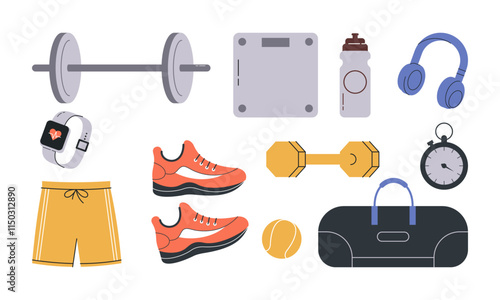 Set of Hand Drawn Fitness Equipment Flat Design Illustration. Collection of Different Gym Exercise Tools