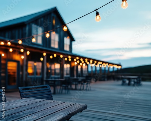 Hostel with rustic barnstyle exterior, wooden beams, and vintage lighting photo