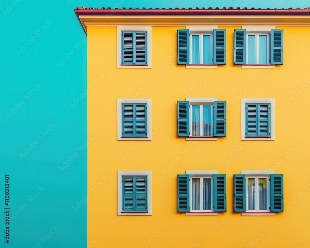 Obraz premium Bright yellow hostel with colorful window shutters, lively, and cheerful appearance