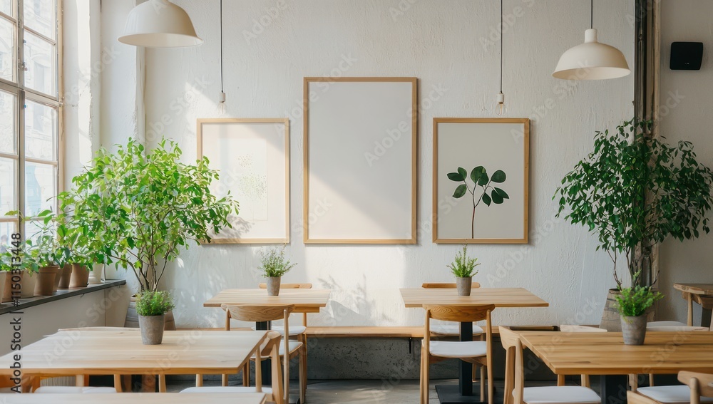 A cozy minimalist restaurant with wooden tables,white chairs,and framed art on the walls A cozy minimalist restaurant with wooden tables,white chairs,and framed art on the walls