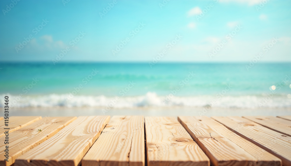 Empty wooden log on rustic table over blurred sea beach background. Summer mock up for design and product display.