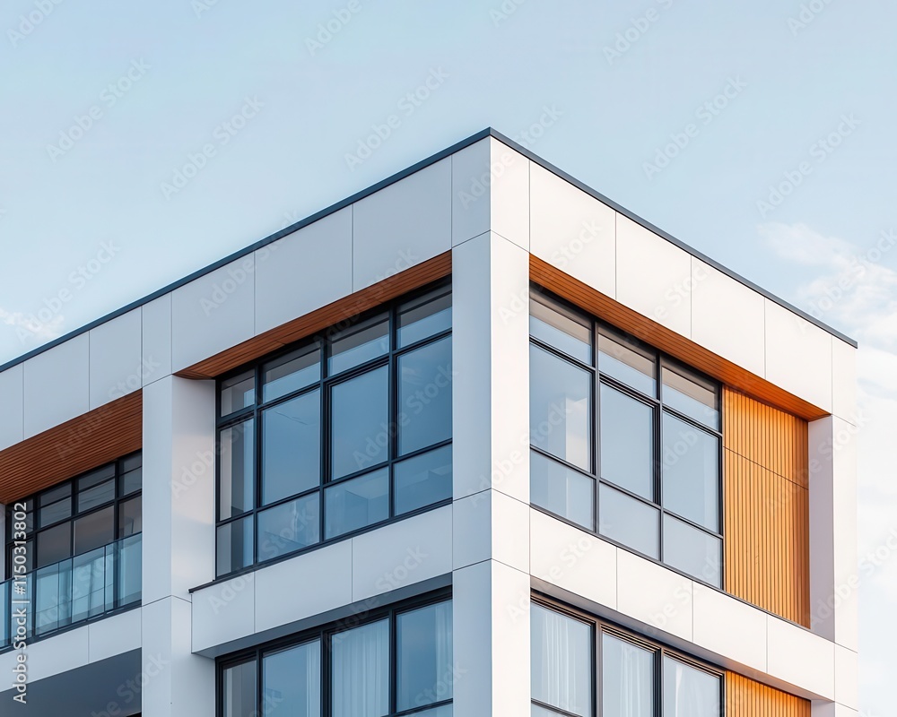 Modern hostel exterior with glass walls, rooftop patio, and industrial accents Modern hostel exterior with glass walls, rooftop patio, and industrial accents
