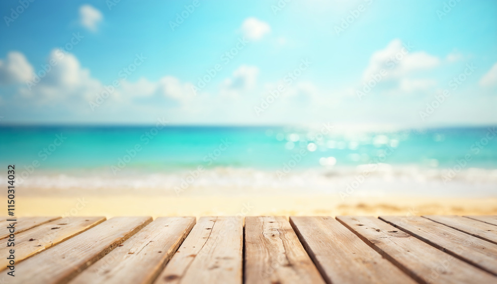 Fototapeta premium Empty wooden log on rustic table over blurred sea beach background. Summer mock up for design and product display.