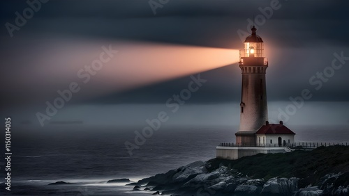 Light beam of a lighthouse with copy spacein dark night photo