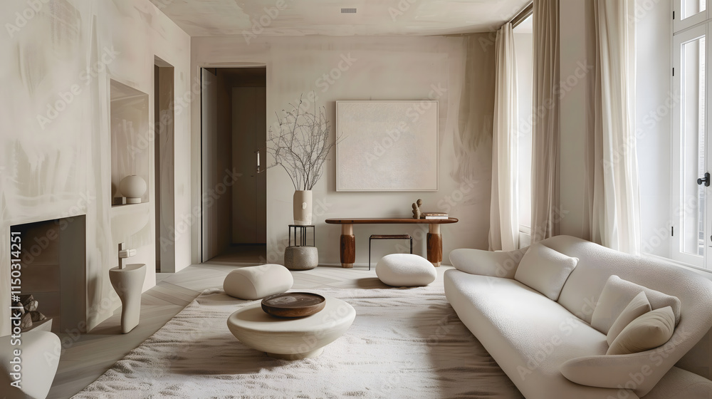 Fototapeta premium Salon minimaliste avec mobilier blanc et touches de bois naturel.