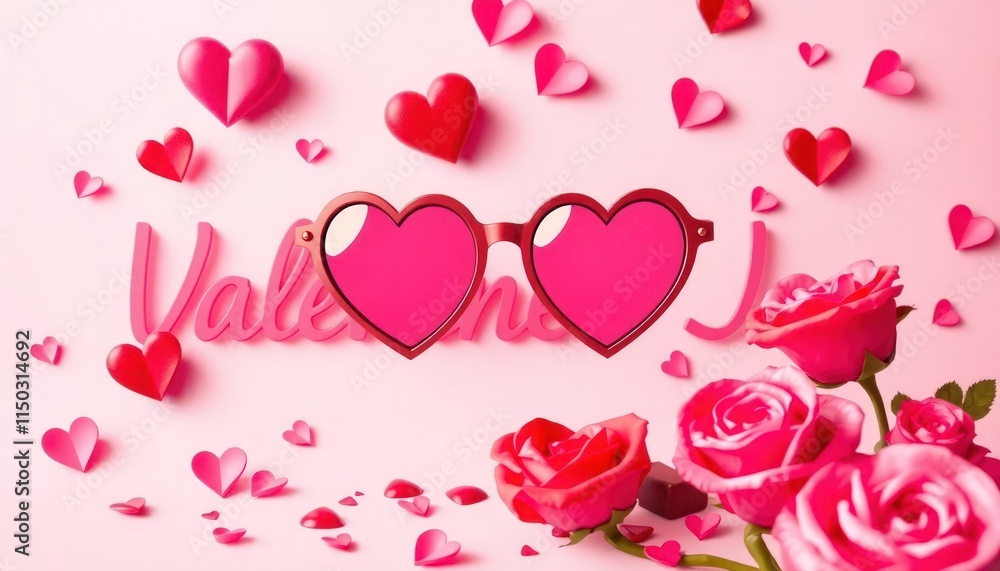 Obraz premium Playful Valentine’s Day vector featuring heart-shaped sunglasses and romantic typography.