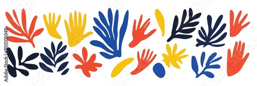 Matisse-Inspired Cutout Shapes in Bold Primary Colors on White Background with Hand and Plant Motifs. Simple, Colorful, Playful Pattern Design. photo