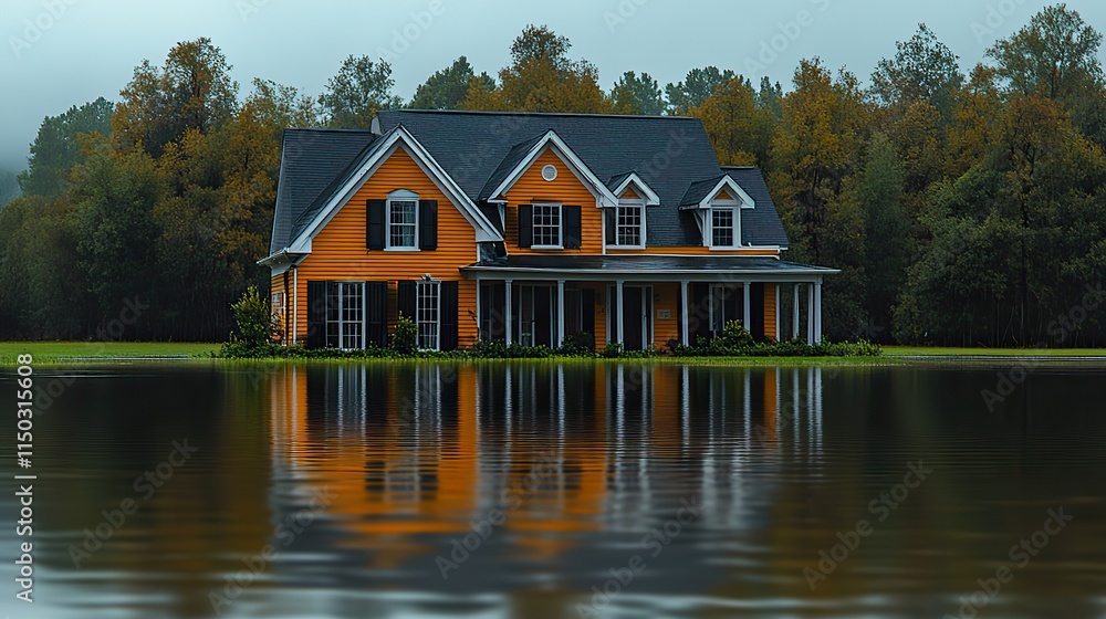 Obraz premium A flooded house, representing the damage caused by natural disasters and the impact of global warming