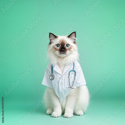 A Cute Birman cat dressed as doctor with stethoscope on green background