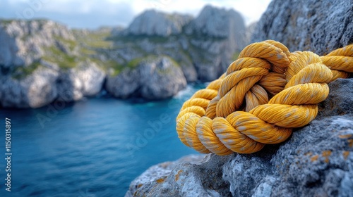 Yellow rope knot on coastal rock. photo