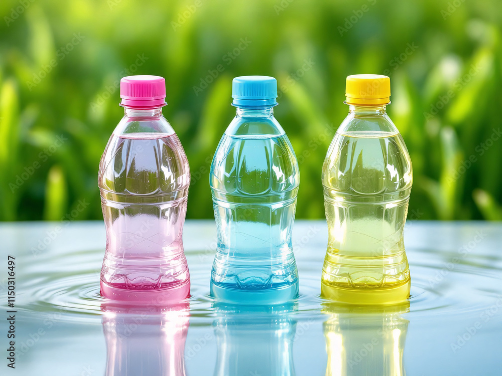 Three colorful plastic bottles with water on reflective surface with green background. Three colorful plastic bottles with water on reflective surface with green background.