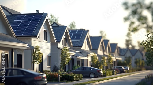 Eco-Friendly Homes with Solar Panels in a Sustainable Housing Development Beneath the Sky photo