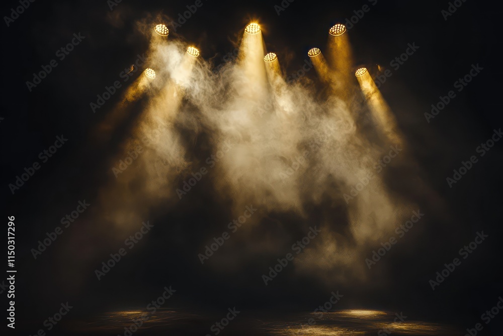 Obraz premium A dark stage lit by golden spotlights,casting dramatic shadows and a smoky haze