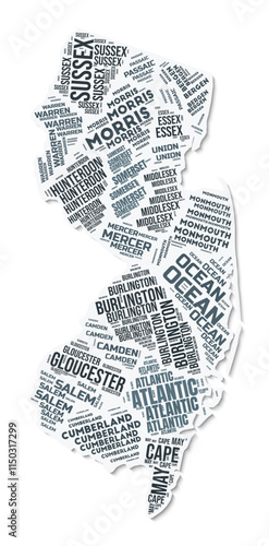 New Jersey shape text cloud. State border with shadow on white background. New Jersey with counties division in vintage gazette style. Beautiful vector illustration.