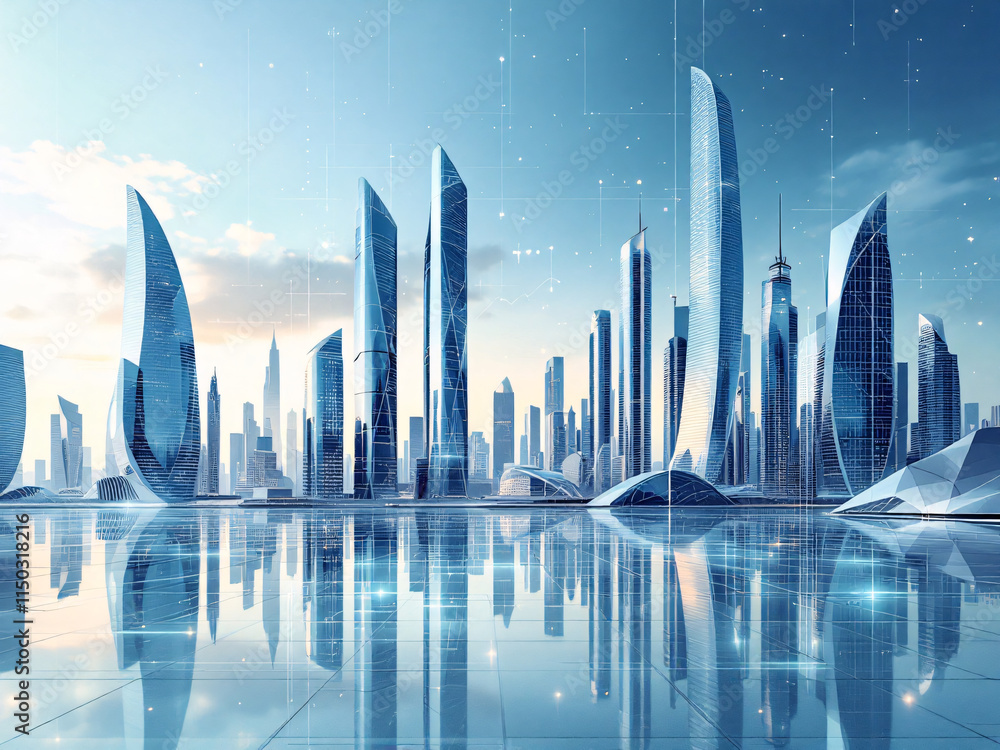 Obraz premium Futuristic cityscape with skyscrapers reflecting in water at dusk, showcasing advanced technology.