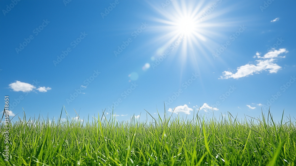Fototapeta premium Sunny Meadow: Vibrant green grass under a brilliant blue sky, bathed in the warm glow of the sun. A picturesque scene evoking feelings of serenity and renewal. 