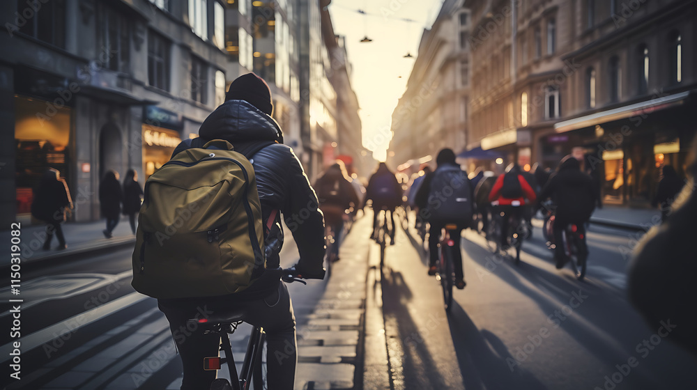 Obraz premium Workers commuting by bicycle in the city at sunset