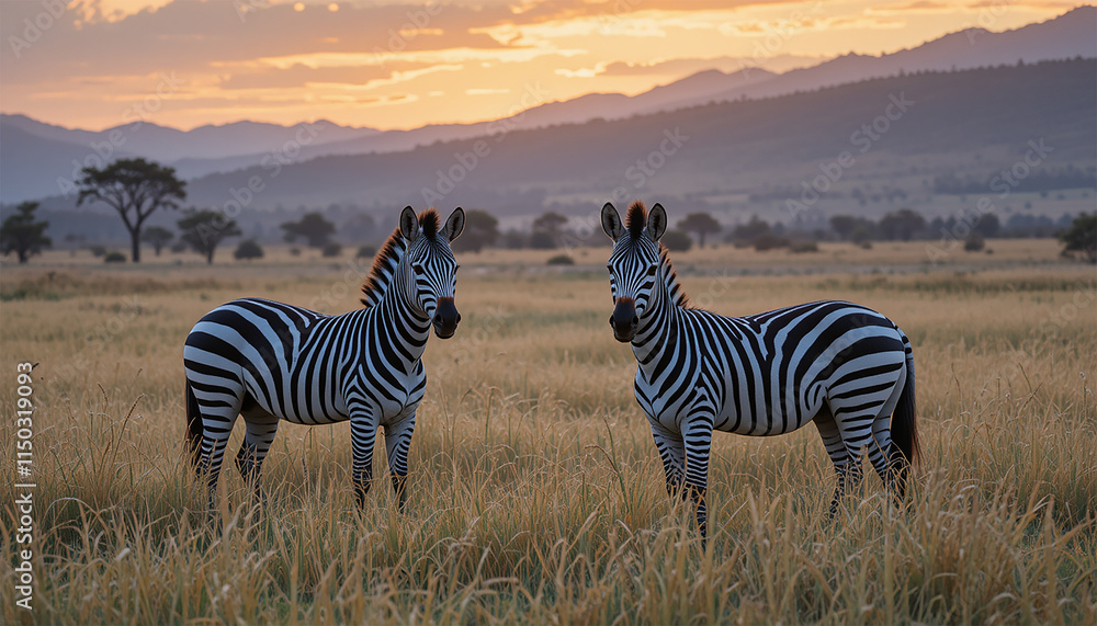 Fototapeta premium Two zebras standing gracefully in a lush green field.