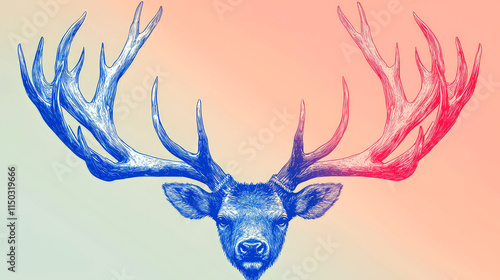 Majestic deer head with large antlers, blue and red gradient. photo