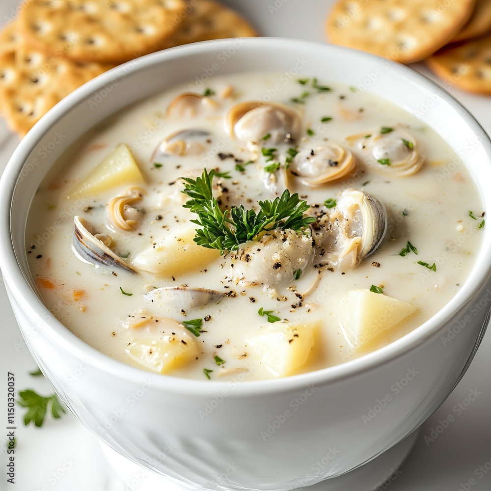 A delicious and creamy clam chowder with tender clams, potatoes, and a sprinkle of fresh parsley A delicious and creamy clam chowder with tender clams, potatoes, and a sprinkle of fresh parsley