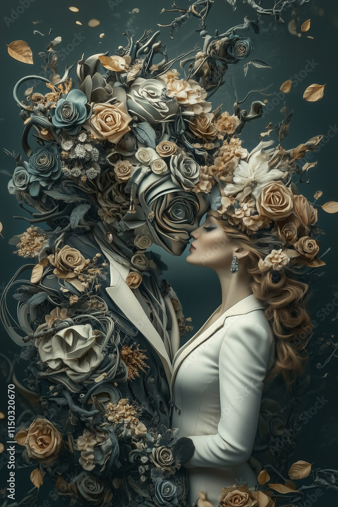 Surreal love concept. Fantasy scene depicting a couple in love, surrounded by flowers and petals. Surreal love concept. Fantasy scene depicting a couple in love, surrounded by flowers and petals.