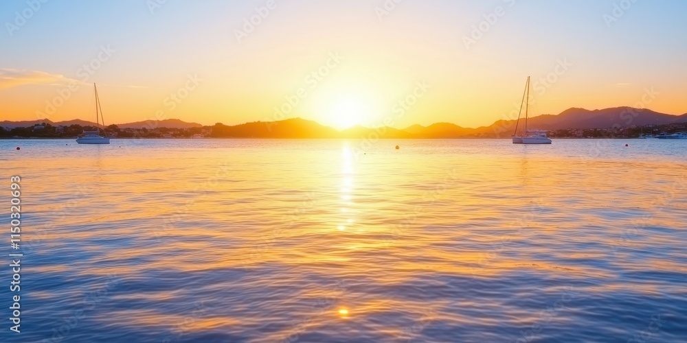 A serene sunset over calm waters, with silhouettes of boats, creating a peaceful atmosphere and vibrant colors reflecting on the surface. A serene sunset over calm waters, with silhouettes of boats, creating a peaceful atmosphere and vibrant colors reflecting on the surface.