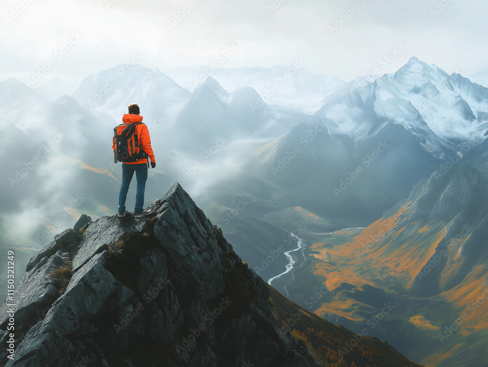 Ein Wanderer in orangefarbener Jacke steht auf einem Felsen und genießt die Aussicht
Ein Wanderer in orangefarbener Jacke steht auf einem Felsen und genießt die Aussicht
