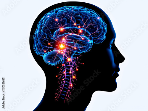 Silhouette of a human head with an illuminated brain and neural network, depicting cognitive activity.