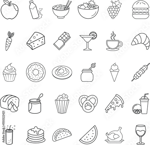 Food Icons Diverse Cuisine, Snacks, Drinks, and Desserts