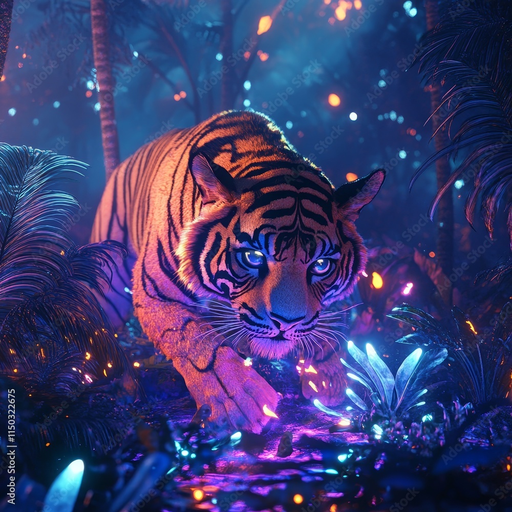 custom made wallpaper toronto digitalMajestic Tiger in Enchanted Forest with Vibrant Colors and Lights