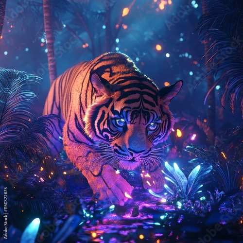 Wallpaper Mural Majestic Tiger in Enchanted Forest with Vibrant Colors and Lights Torontodigital.ca
