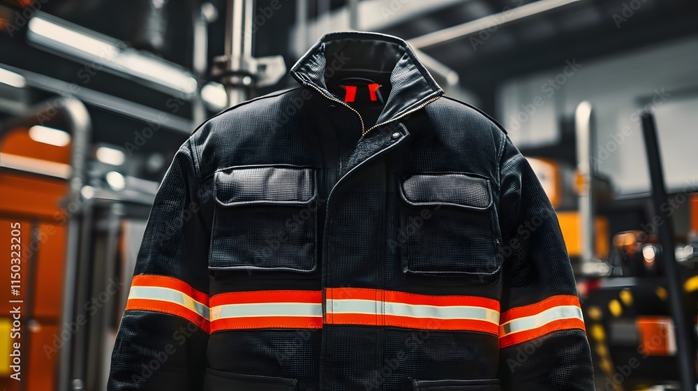 Fototapeta premium Close-up of durable firefighter coat with reflective details, industrial equipment surrounding.