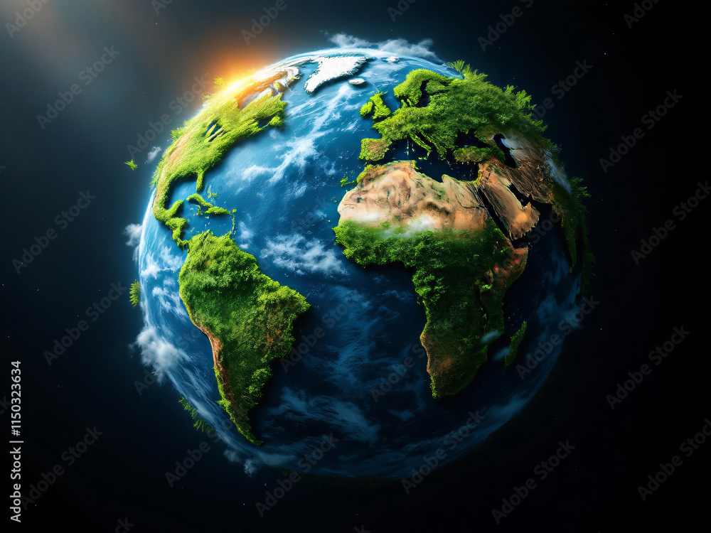 Fototapeta premium Vibrant green and blue globe depicting a thriving, biodiverse, and sustainable Earth.