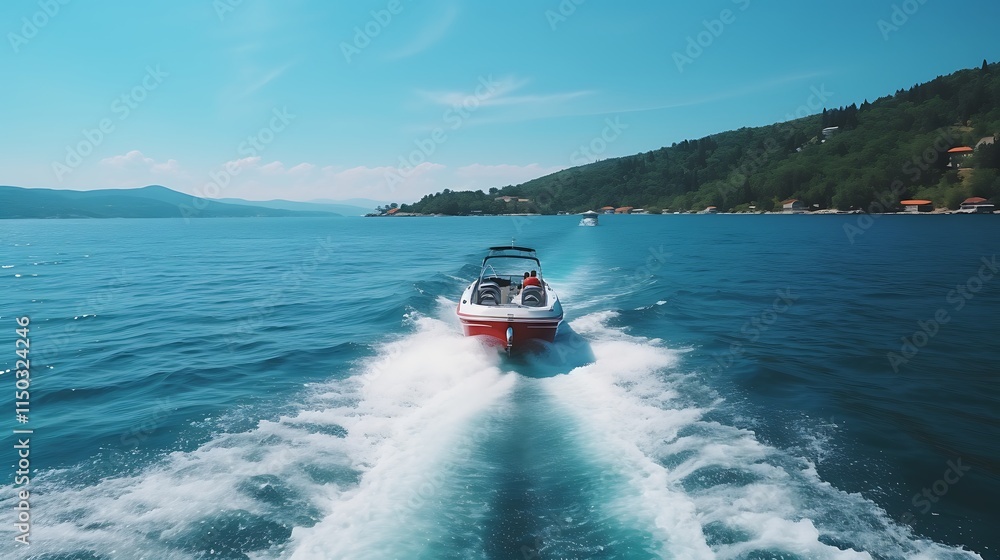 Fototapeta premium Speedboat cruising on the water leaving a trail of white foam