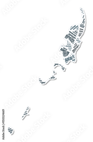 Palau shape text cloud. Country border with shadow on white background. Palau with regions division in vintage gazette style. Amazing vector illustration.