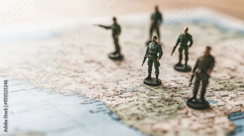 Close-up of detailed military strategy map with miniature soldiers and terrain models on wooden table for tactical planning and battlefield simulation.