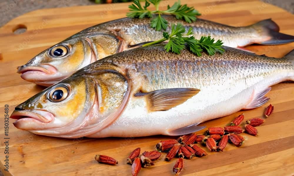 Freshly Caught Fish on Wooden Board with Spices and Herbs, Perfect for Gourmet Meal Preparation Freshly Caught Fish on Wooden Board with Spices and Herbs, Perfect for Gourmet Meal Preparation